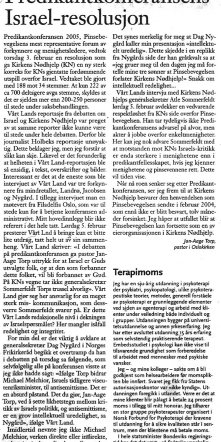 Faksimile av Jan-Aage Torps svar i Vårt Land den 8. februar