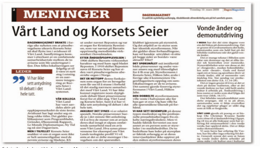 Dagen-lederartikkel: Vårt Land og Korsets Seier
