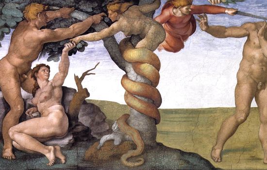 «Syndefallet og utdrivelsen av Edens hage», freskomaleri av Michelangelo til taket i det sixtinske kapell i Roma.