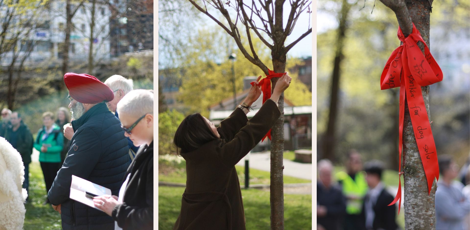 Wanfang Tan knytter et silkebånd på treet. I kinesisk tradisjon knytes røde silkebånd til grener på hellige trær. På båndet står et sitat av Konfutse: «己所不欲，勿施于人 – Ikke gjør mot andre, det du ikke ønsker for deg selv.»
FOTO Sina Vestøl