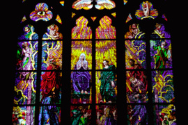 Image of Stained glass art from St. Vitus Cathedral in Prague, Czech Republic.