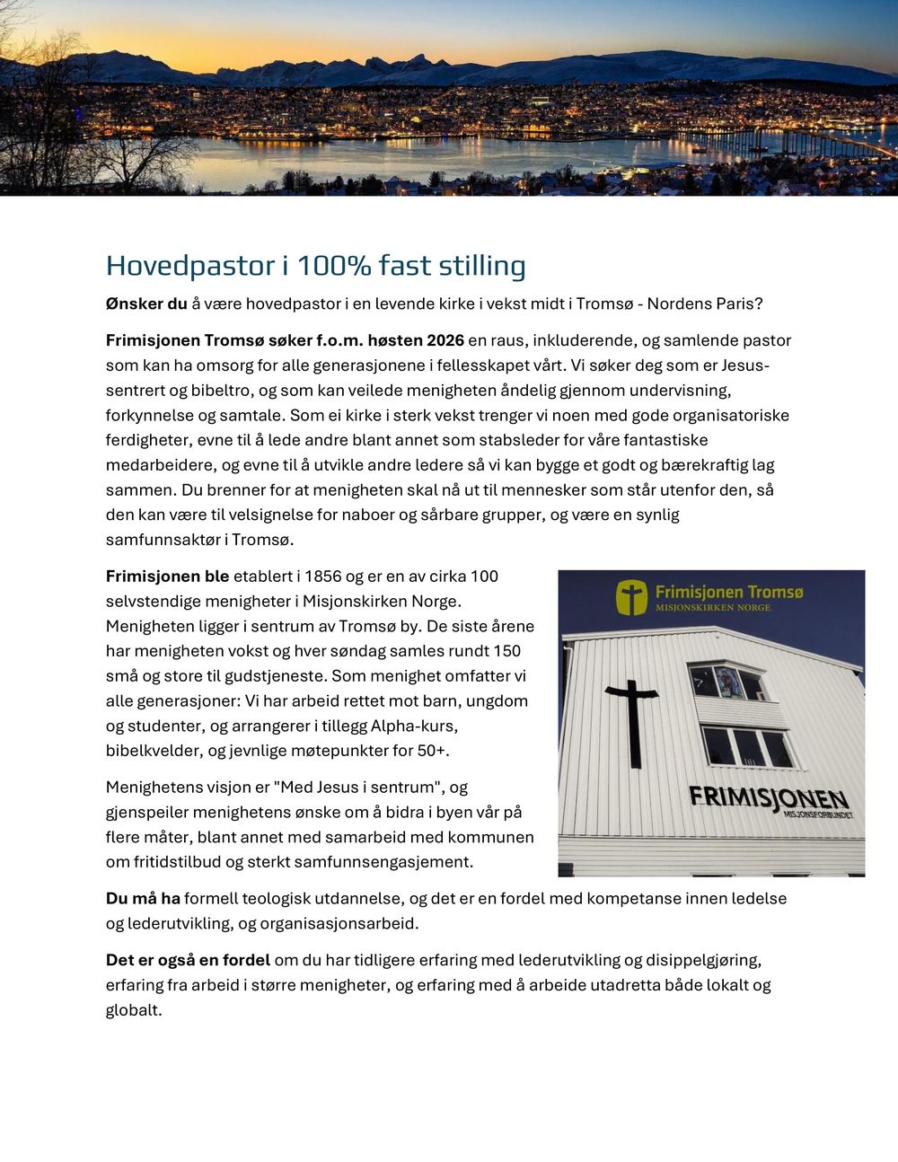 Utlysning av Pastorstilling Høsten 2026