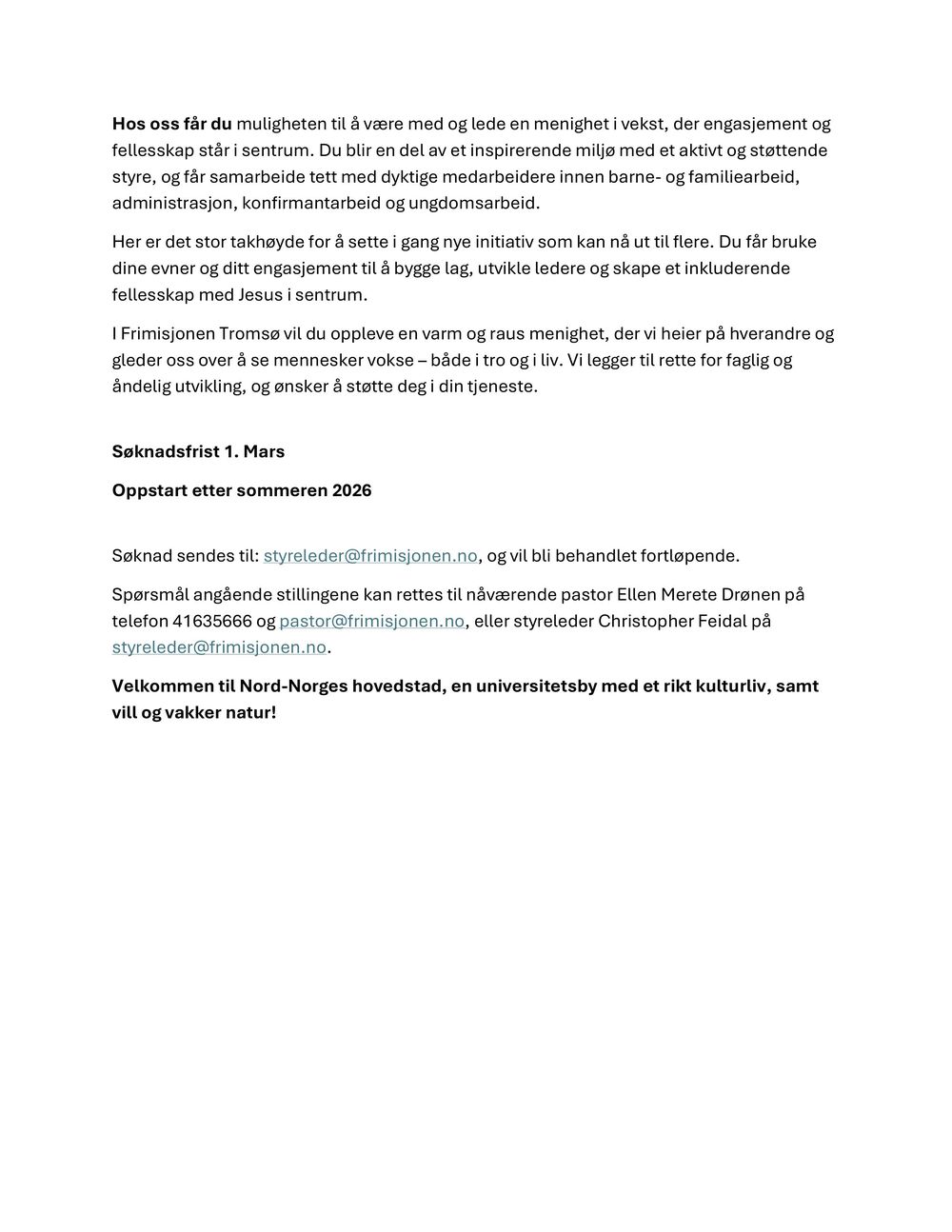 Utlysning av Pastorstilling Høsten 2026