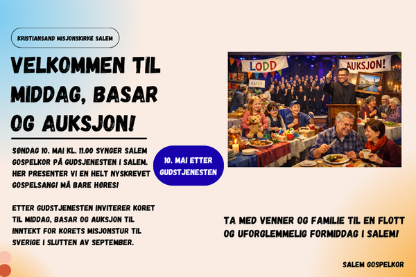 Middag, basar og auksjon etter gudstjenesten 10. mai