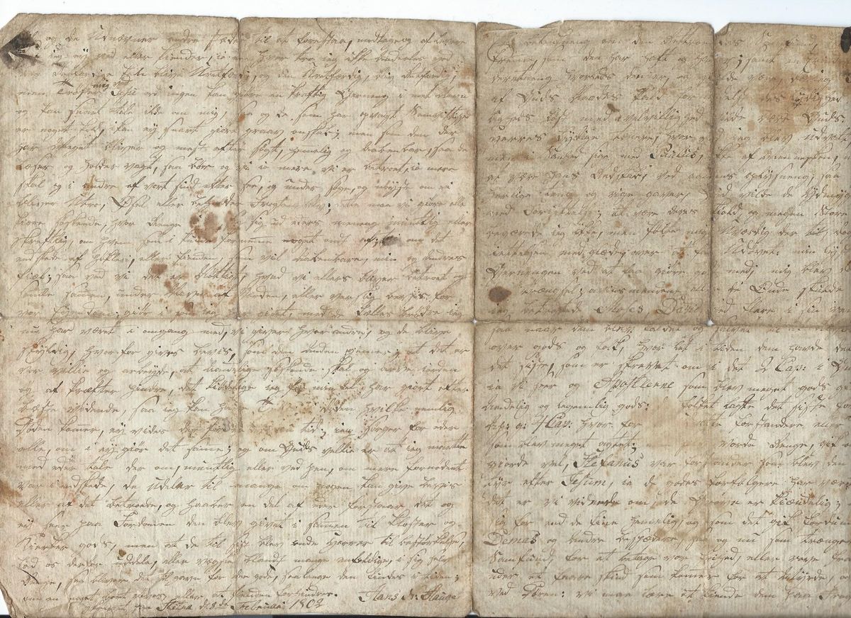 Originalt brev  skrevet av Hans Nielsen Hauge på vei til Hitra i februar 1802
