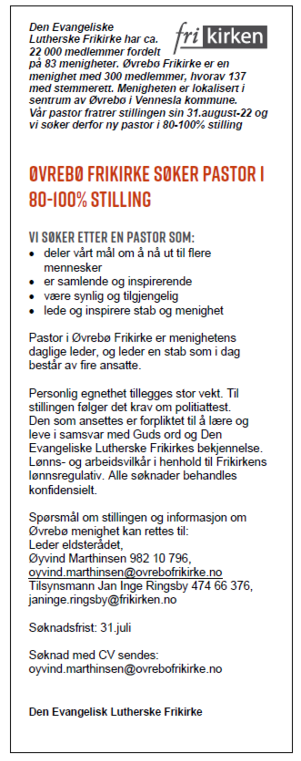 Stillingsutlysning Pastor i Øvrebø Frikirke