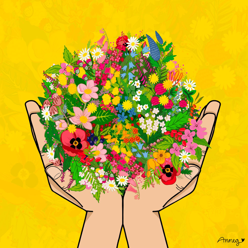 Illustrasjon av hender med blomster