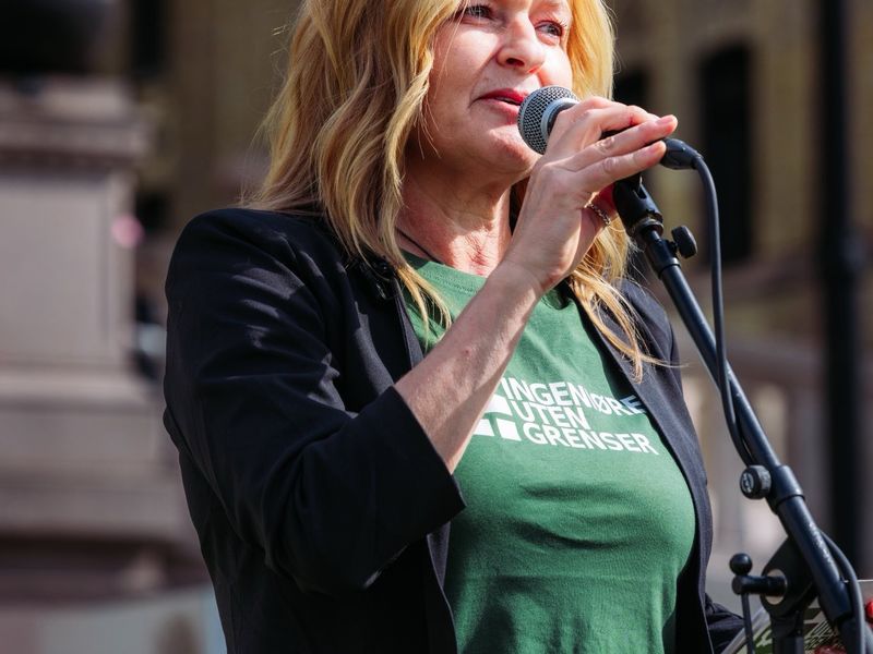 Generalsekretær Marianne Nilsen Sturmair under markeringen Tech-folk for fred på Gaza. Foto: Alta T. Dar