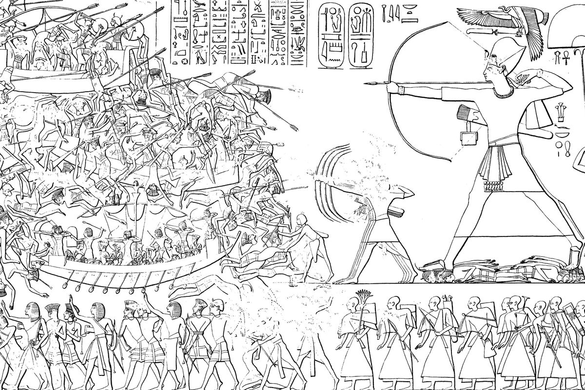 Denne scenen fra nordveggen til Medinet Habu brukes ofte for å illustrere det egyptiske felttoget mot sjøfolkene, i det som har blitt kjent som "Slaget ved deltaet" (ca. 1175 f.Kr.), under Ramses III regjeringstid.