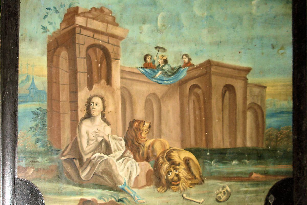 Detalj fra landsbykirken i Lambrechtshagen i Nord-Tyskland, 1759: Daniel i løvehulen med mederen Darius ovenfor.