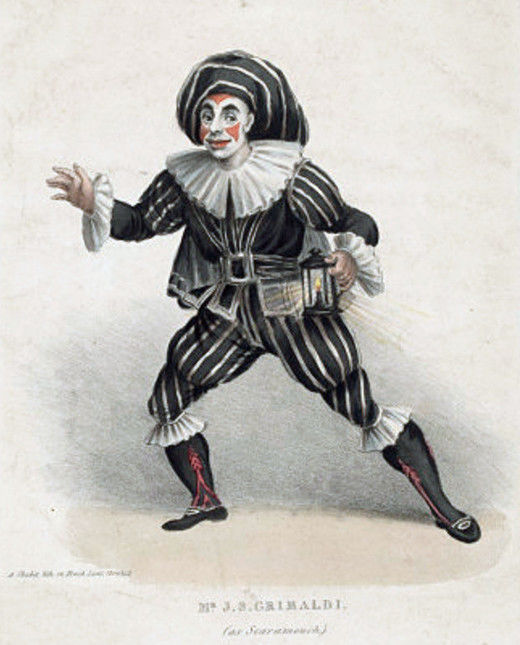 Den moderne klovnens pioner: Joseph Grimaldi som Scaramouche, ca. 1815.