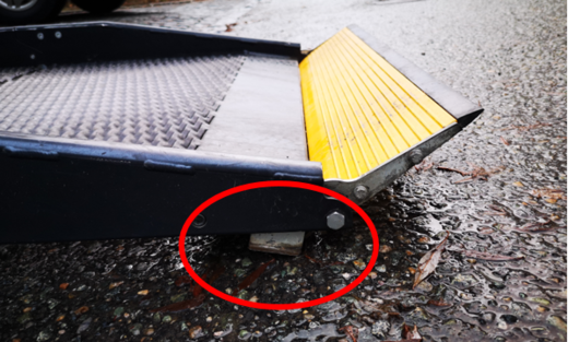 Parkeringsplasser for forflytningshemmede må etableres på jevnt og flatt dekke. Dersom det er ujevnt der heisen slår ned, vil ikke sikringsklaffen slå seg ut. Det kan også være fare for at rullestolen beveger seg når en person flytter seg over fra bilsete til manuell rullestol dersom bilen står på hellende underlag. Dette kan gjøre forflytningen vanskelig, og kan føre til fall.